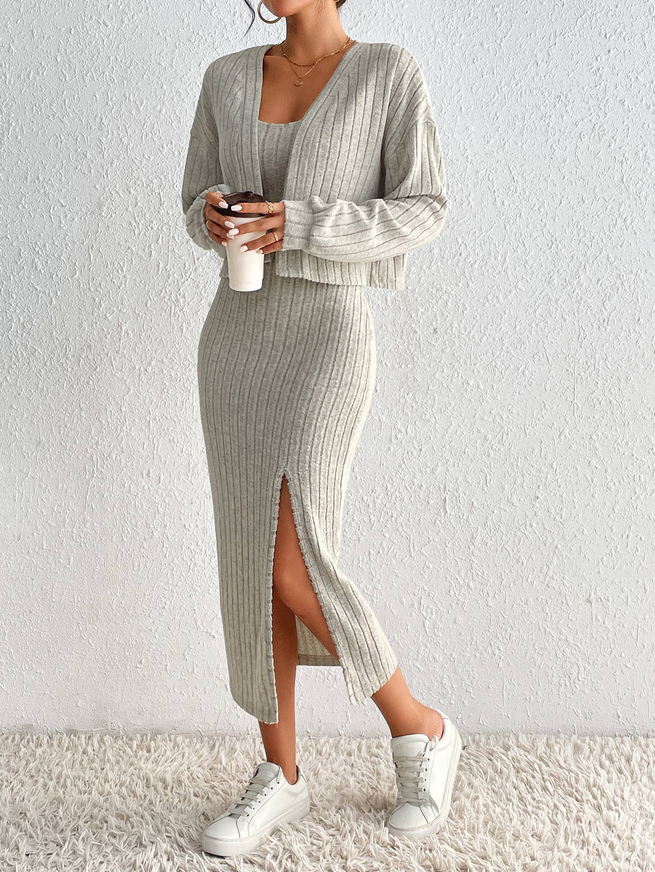 LONG SLEEVE KNITTED HALTER JACKET DRESS SET