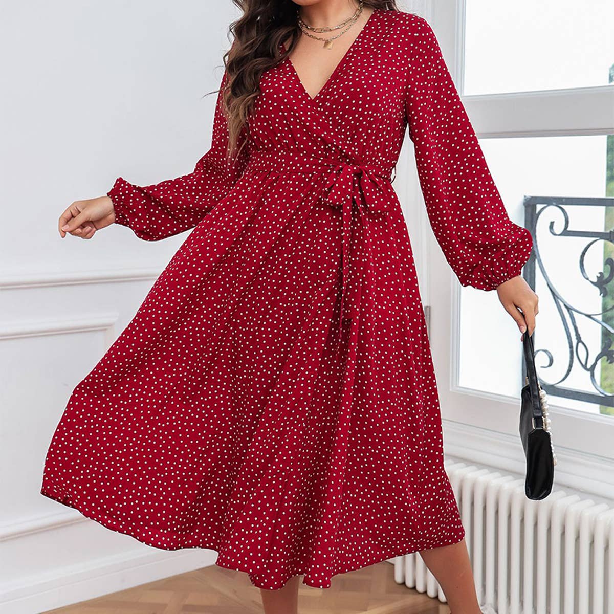 Elegant Polka Dot Red Maxi Dress for Fall