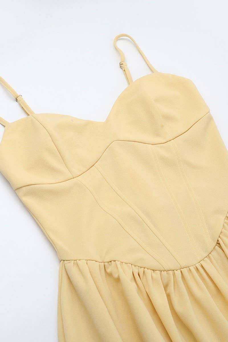 CWDMD5068_SPRING V-NECK SOLID COLOR WAIST SUSPENDER DRESS