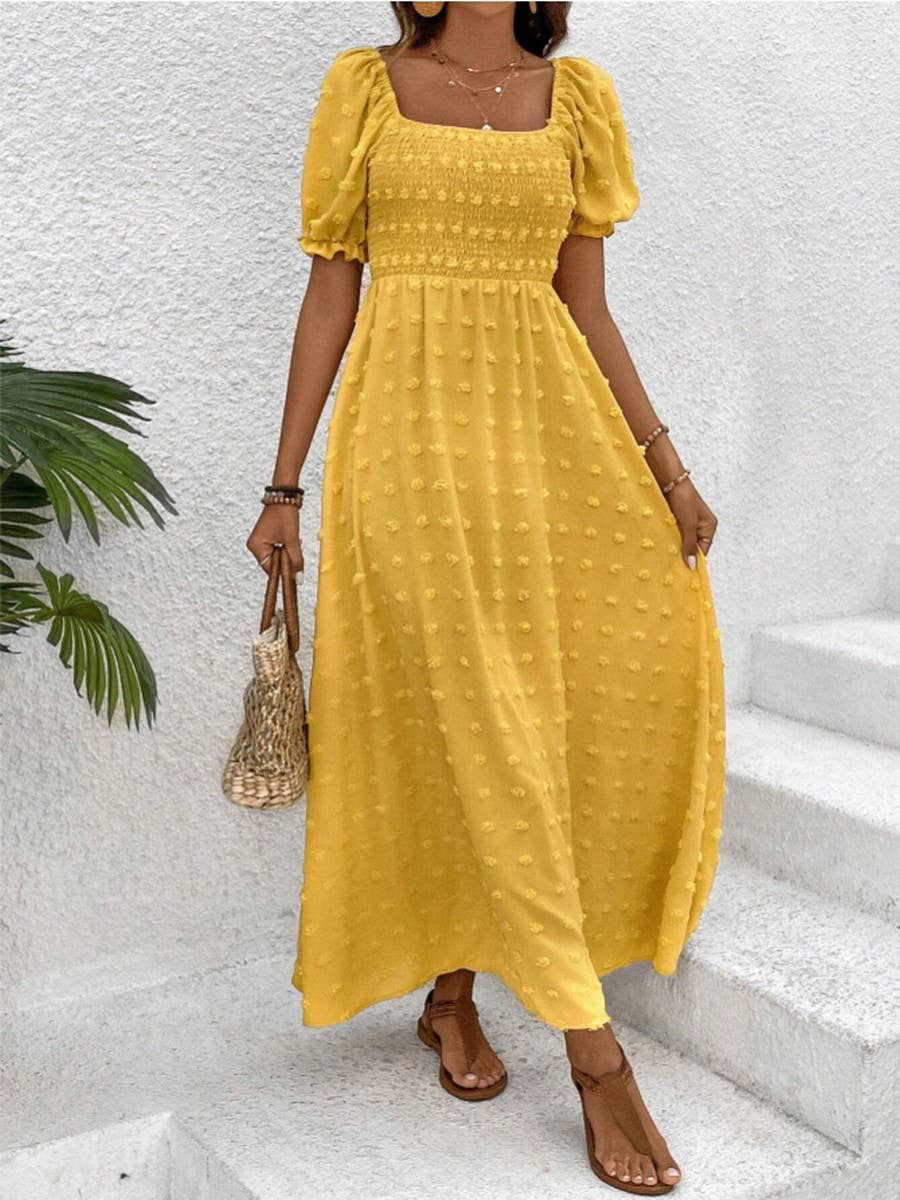 Solid color swiss polka dot square collar dress