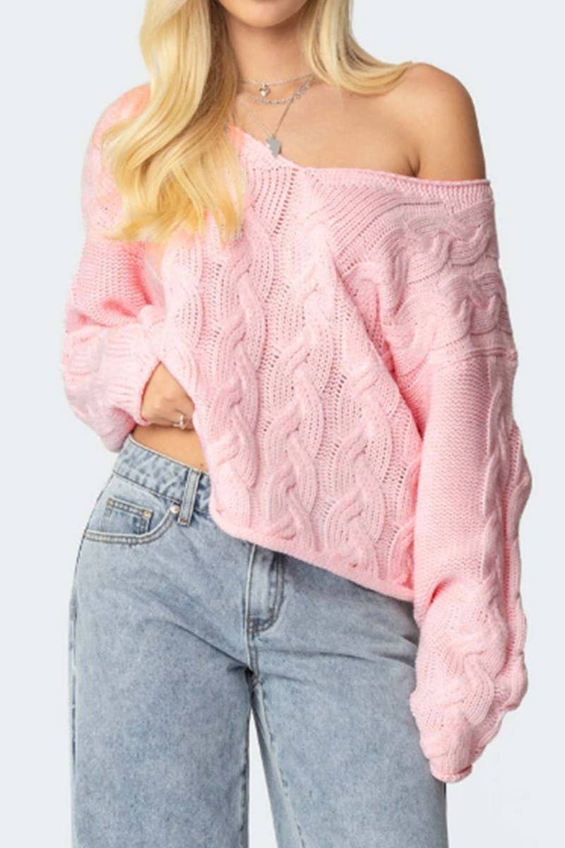 CWOSWL07422_LOOSE V NECK CABLE KNIT PULLOVER SWEATER