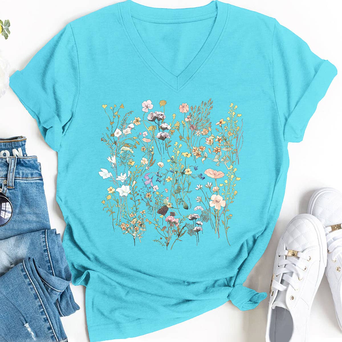 Floral V-Neck Graphic Tee for Women, Loose Fit