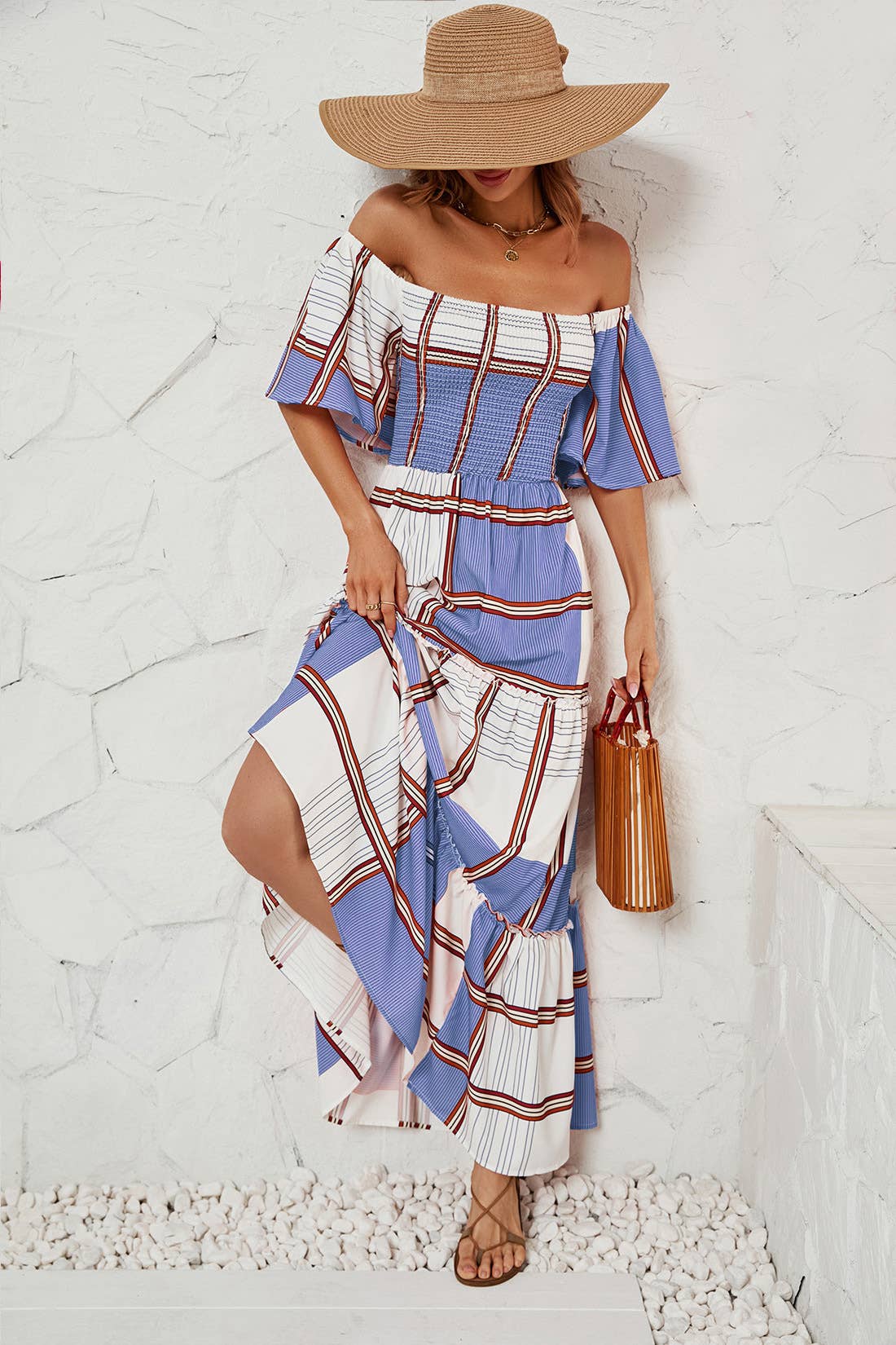 Striped peplum dress with line neck