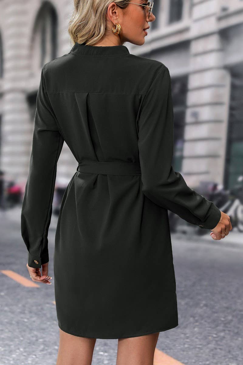 CWDSD5910_SOLID COLOR BUTTON TIE LONG SLEEVE DRESS