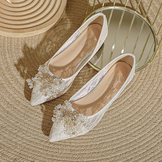 LACE AND RHINESTONE POINTED TOE FLATS