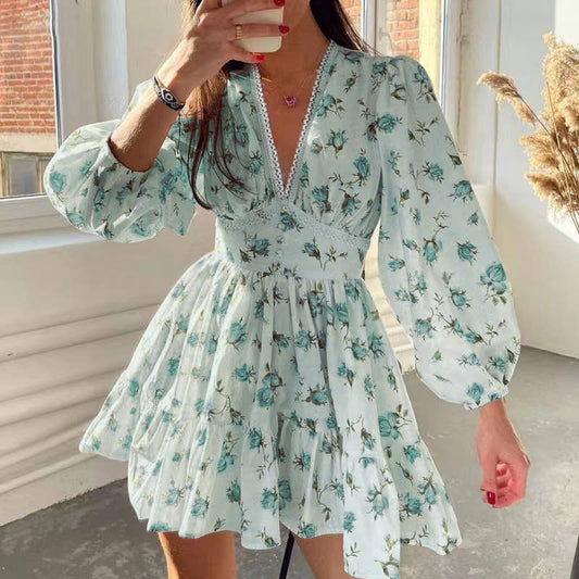Sweet print V-neck lace short dress