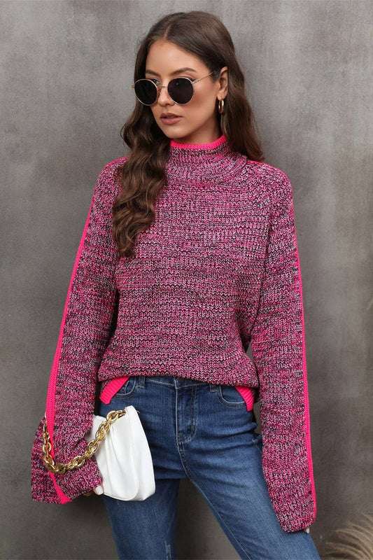 Cwoswl3169_Mixed Color Panel Turtleneck Knit Sweater