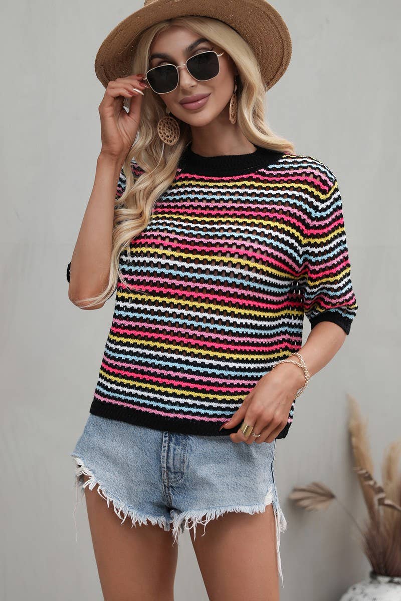 Cwtts0736_Crochet Short Sleeve Pullover Sweater
