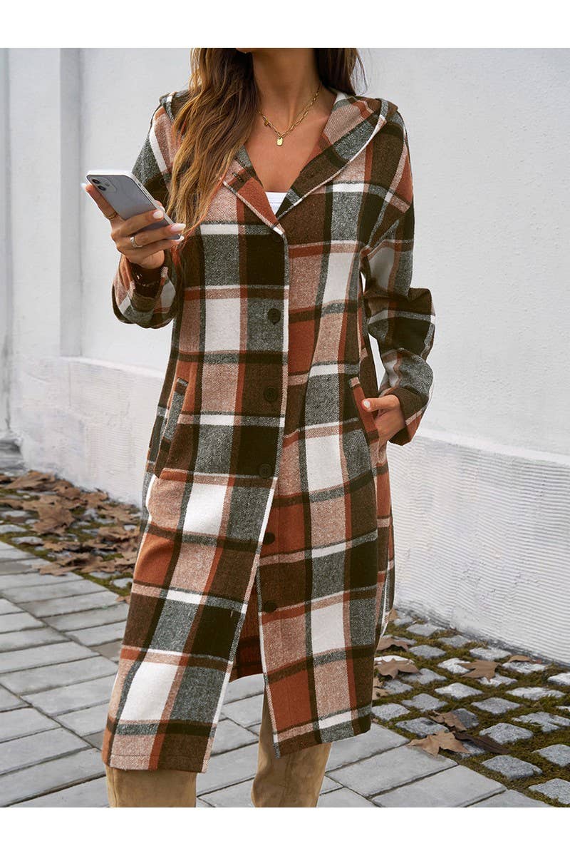 CWOCO0235_Casual Plaid Button Hooded Long Coat
