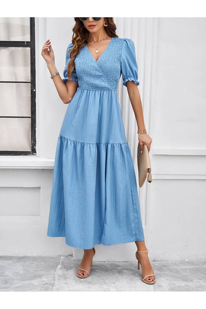 CWDMD2403_V-Neck Smocking Short Sleeve Split Midi Dress