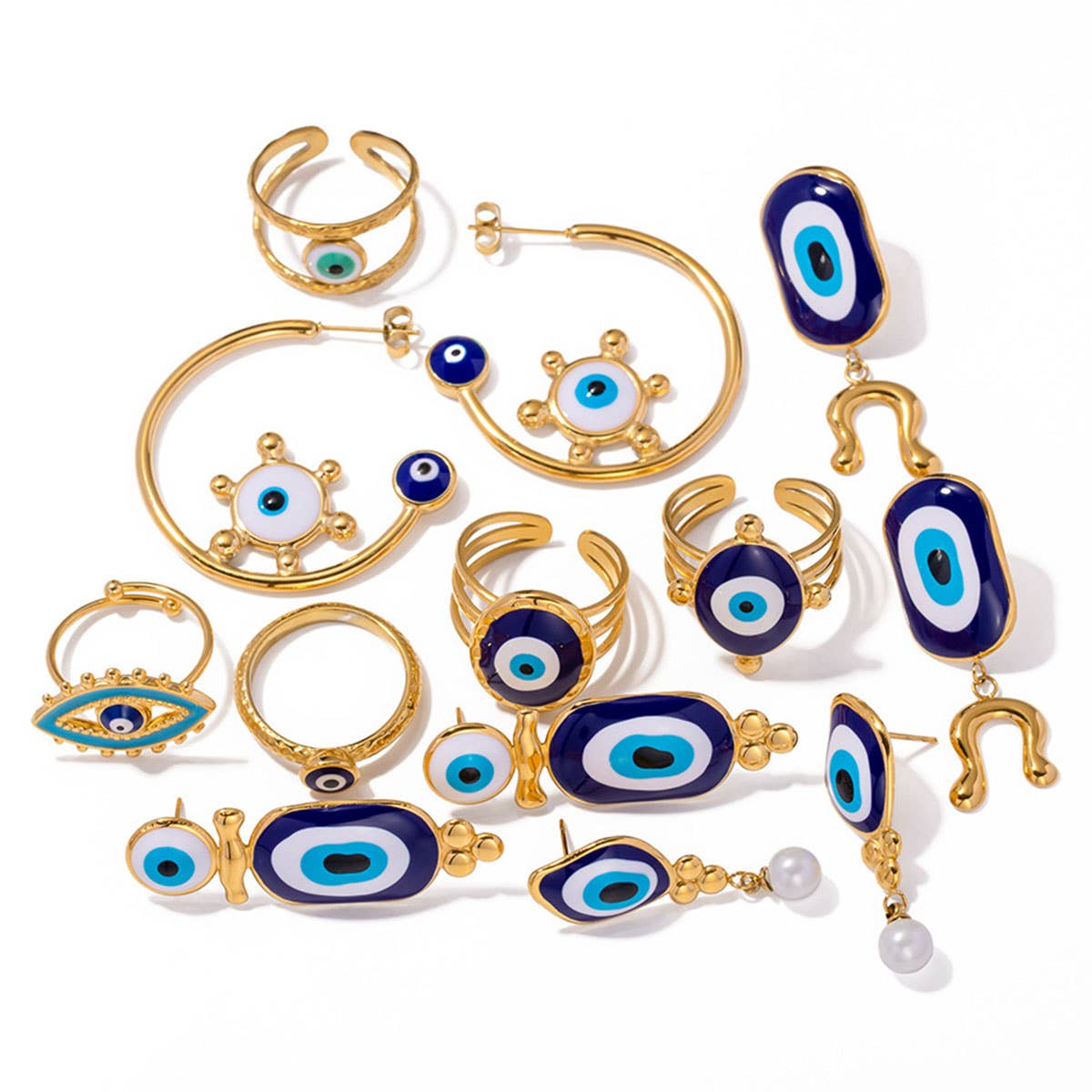 OIL DRIPPING BLUE EVIL EYE PENDANT RINGS,EARRINGS_CWAJE0621