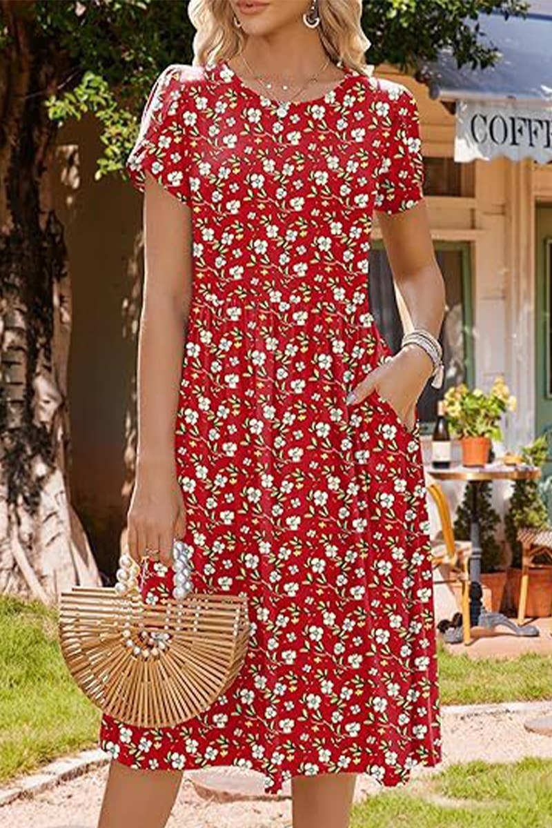 CWDMD6365_ROUND NECK PETAL SLEEVES MIDI PRINT DRESS