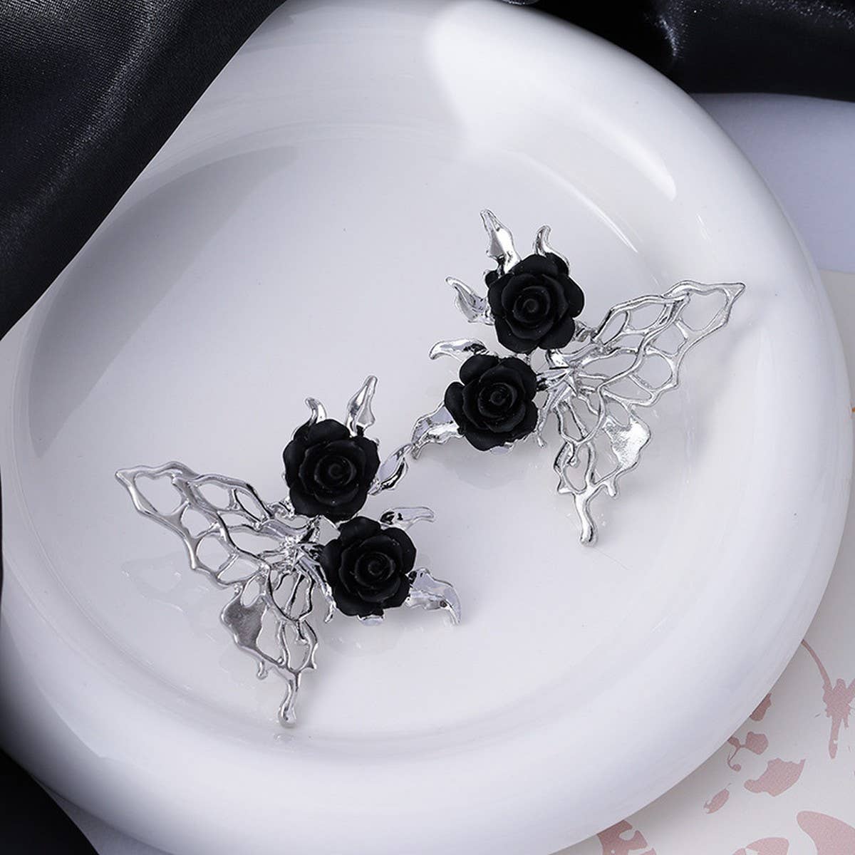 SILVER NEEDLE BLACK ROSE BUTTERFLY EARRINGS