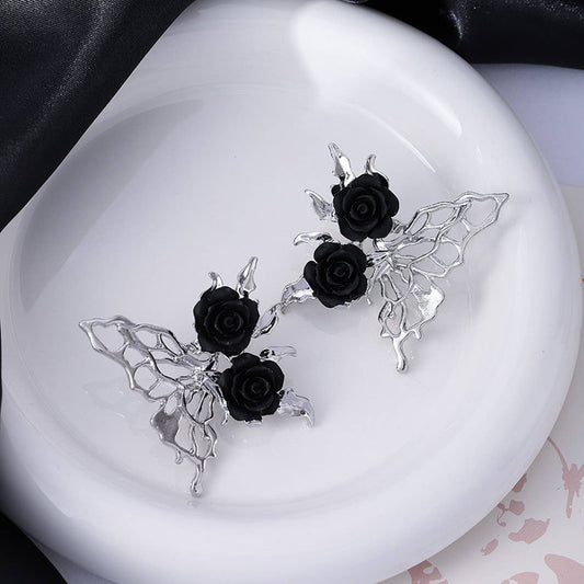 SILVER NEEDLE BLACK ROSE BUTTERFLY EARRINGS