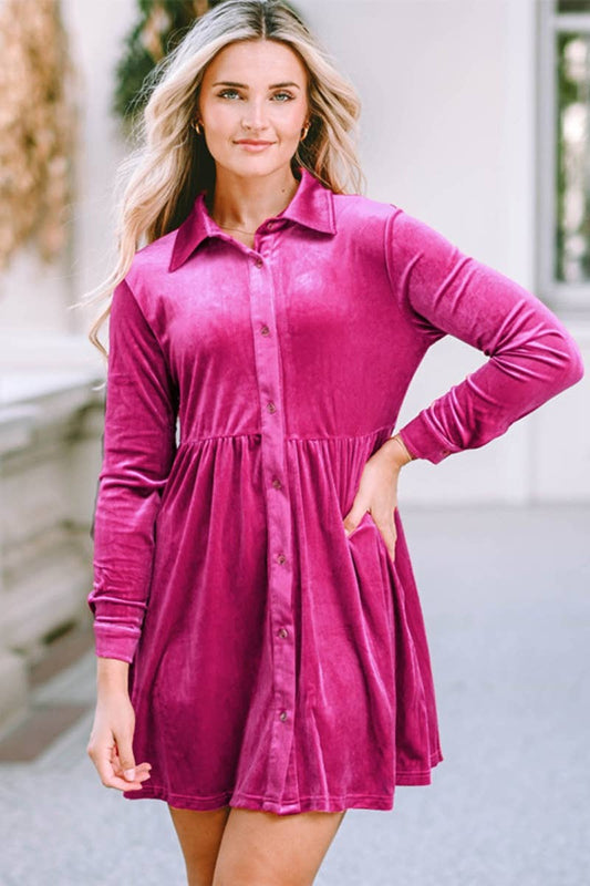 CWDSD6622_VELVET HIGH-WAISTED LONG-SLEEVED SHIRT DRESS