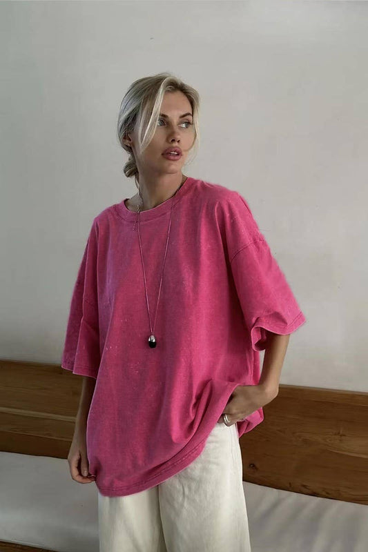 Cwtts1176_Round Neck Washed Distressed Short Sleeve T-Shirt