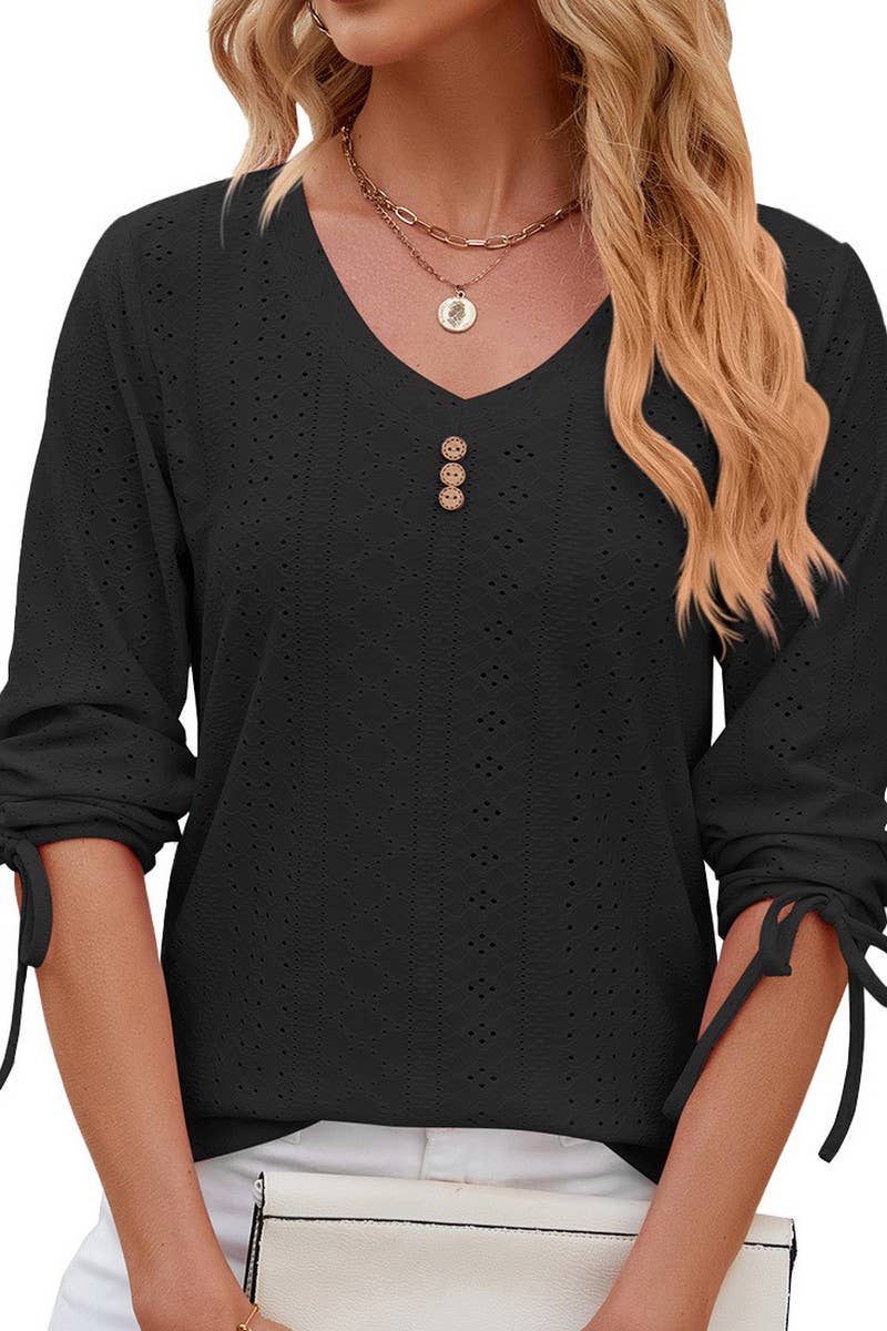 V NECK BUTTON DRAWSTRING T SHIRT_CWTSTS0191