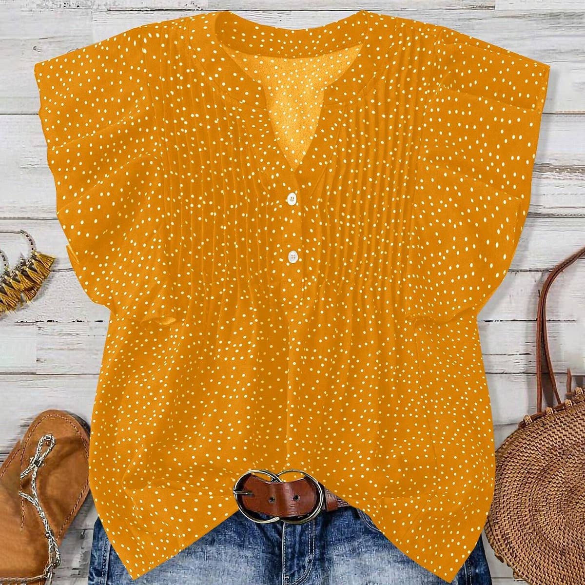 V-neck with broken points loose button pleat top