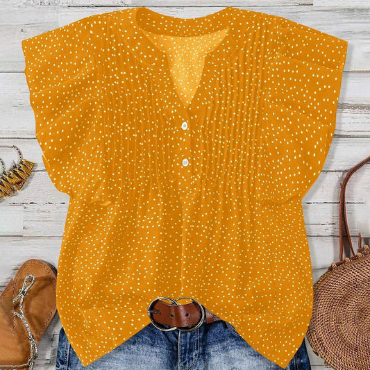 V-neck with broken points loose button pleat top