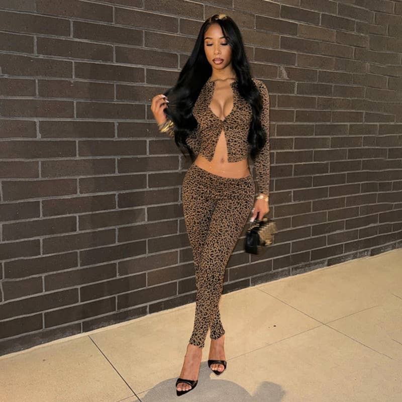 LEOPARD PERSONALITY CREW NECK TOP AND PANTS SUIT