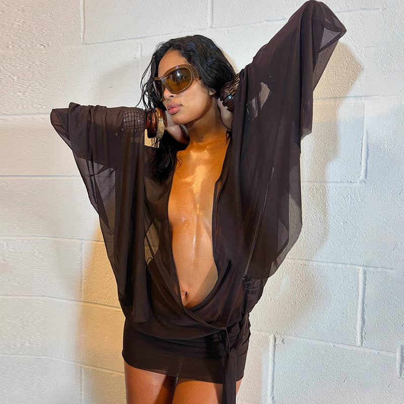 Sexy V-Neck Sheer Backless Strap Bodycon Skirt