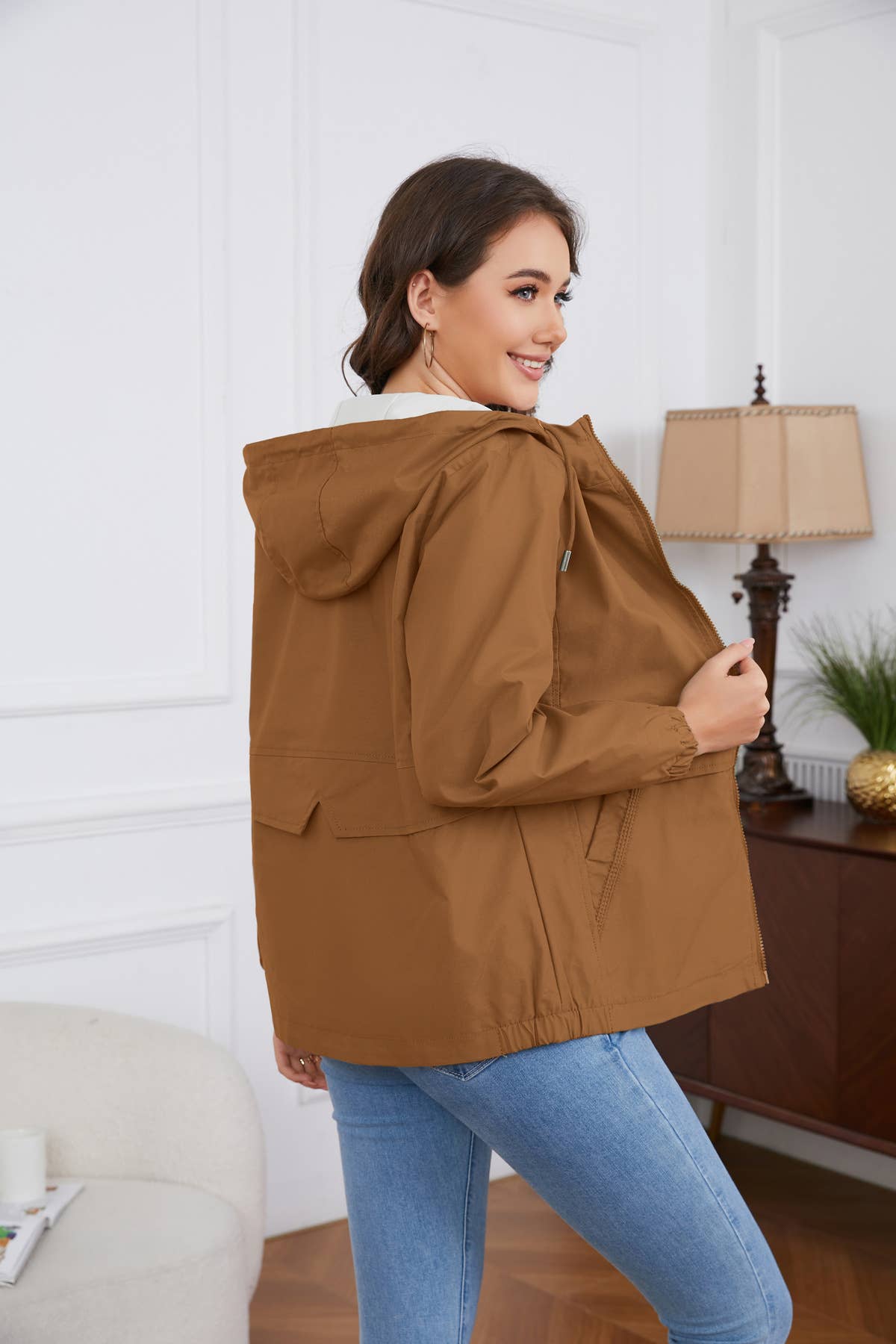 HOODED SOLID COLOR LONG SLEEVE TRENCH COAT
