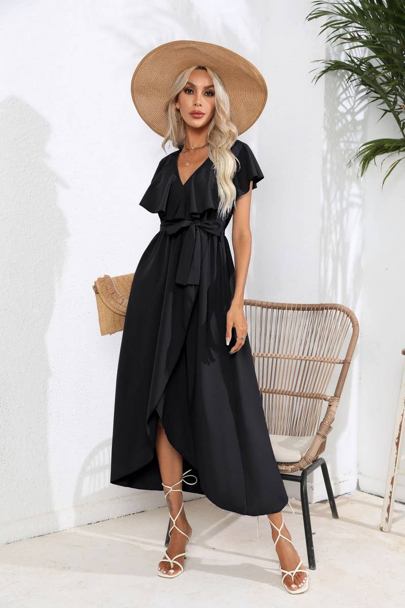 CWDMD1336_V-Neck Short Ruffle Sleeve With Belt Dress