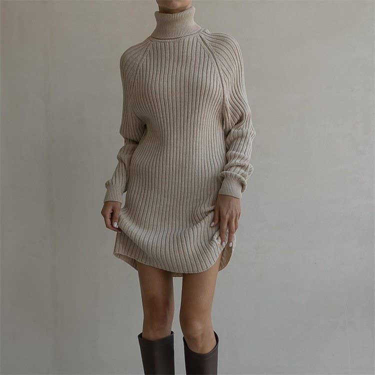 PIT STRIP SOLID COLOR TURTLENECK SWEATER DRESS