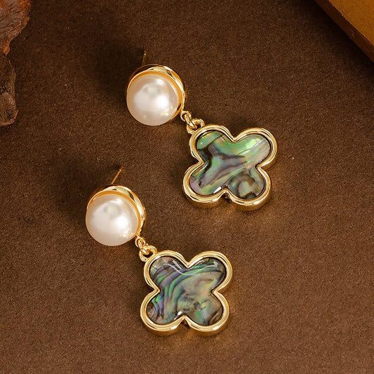NATURAL COLORFUL ABALONE FOUR-LEAF CLOVER EARRINGS