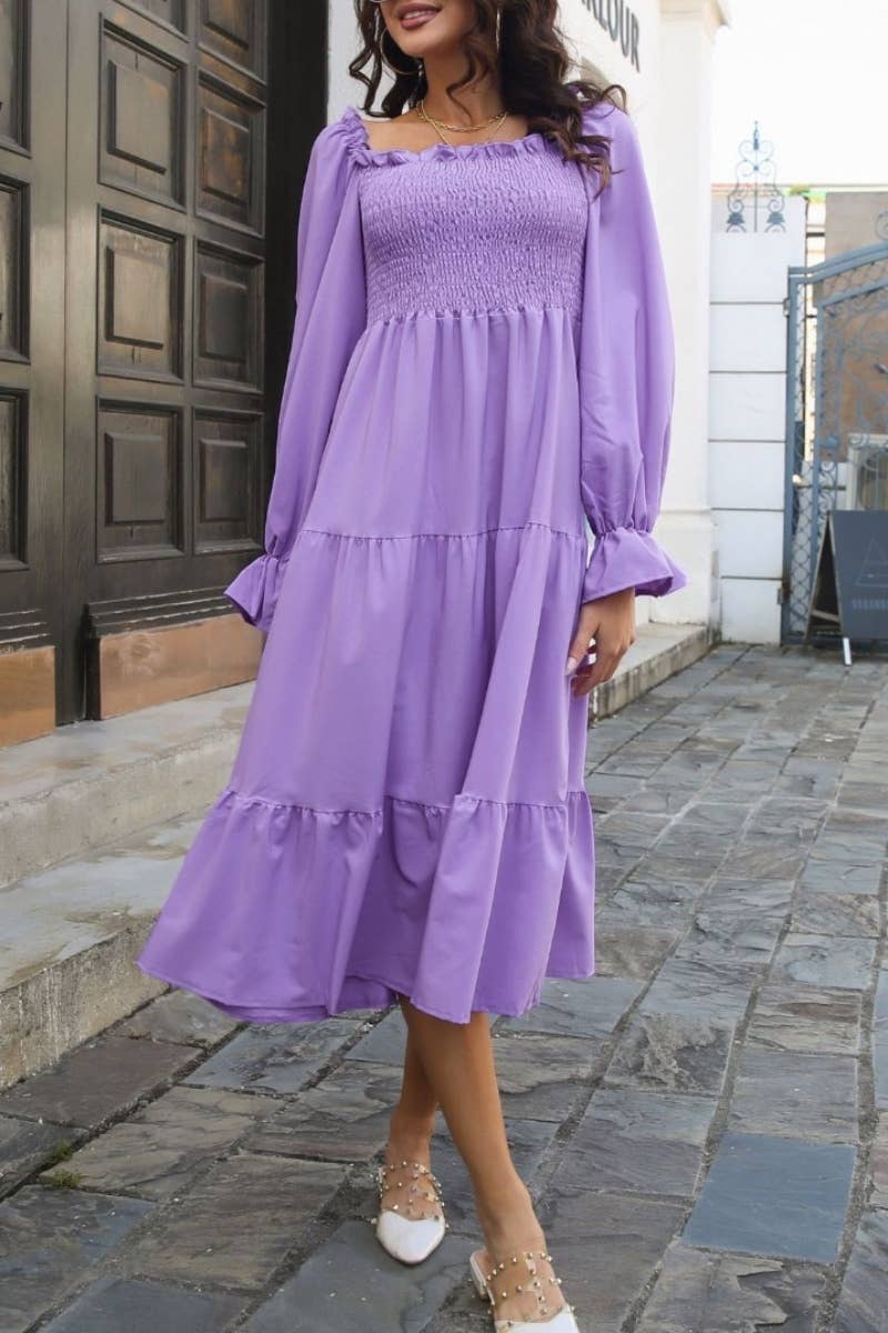 CWDMD3954_OFF-THE-SHOULDER DRESS WITH FLARED SLEEVES LONG