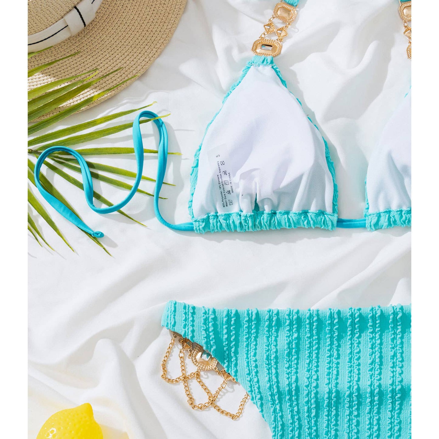 Lake Blue Bikini Set - Women Rhinestone Swimsuit _CWMW0697