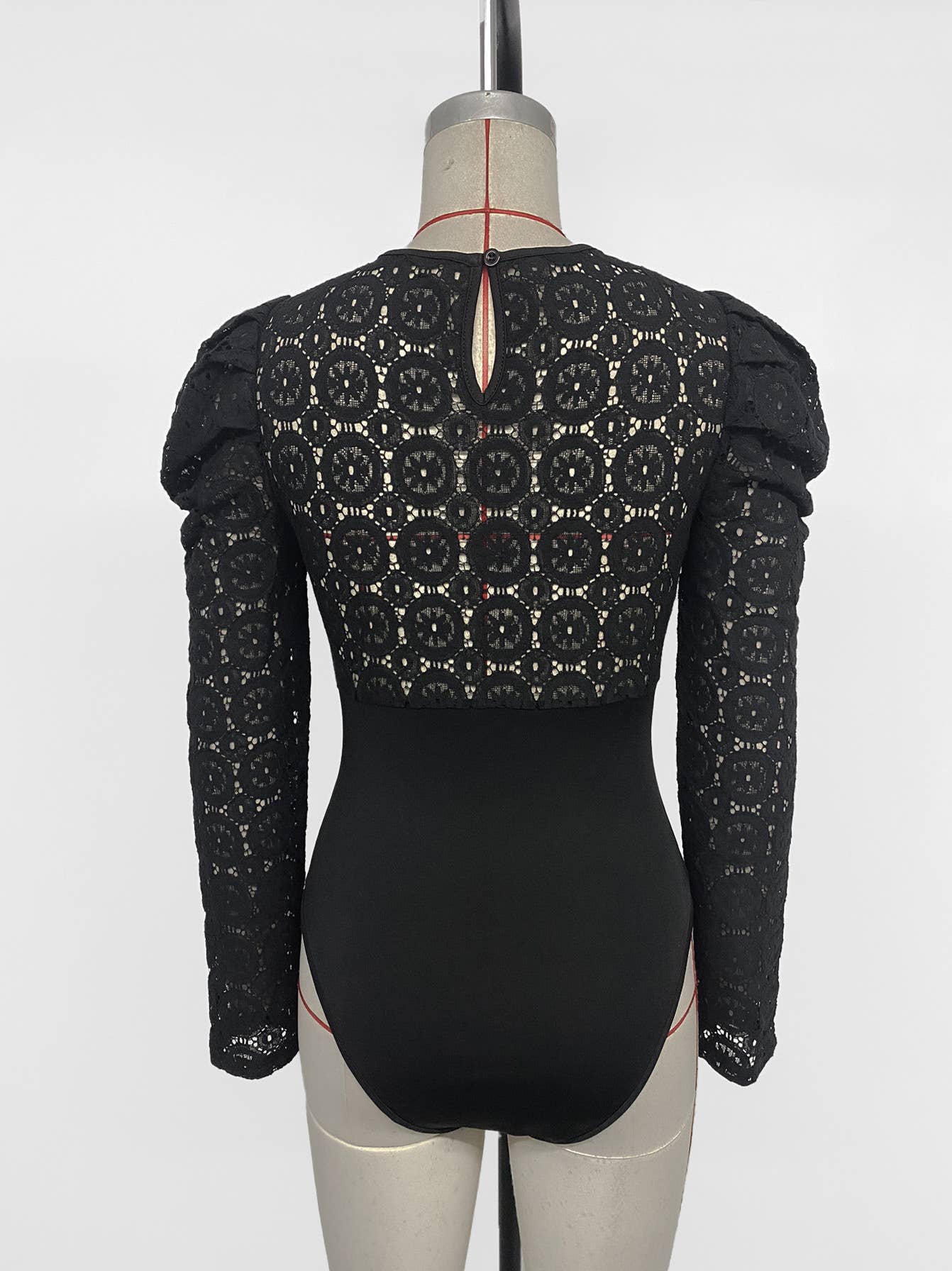 Patchwork puffed sleeve long-sleeved jumpsuit