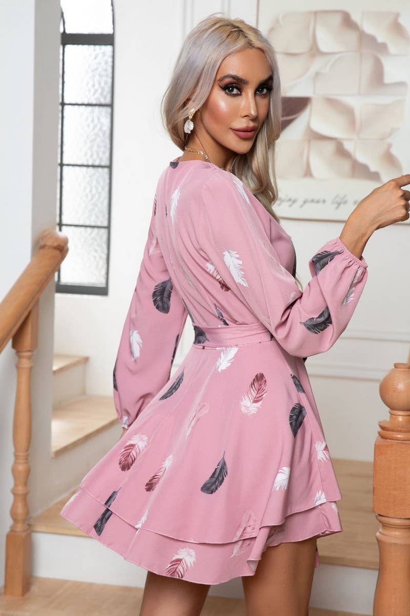 CWDSD2921_FEATHER PRINT  HEM RUFFLED LACE-UP MINI DRESS
