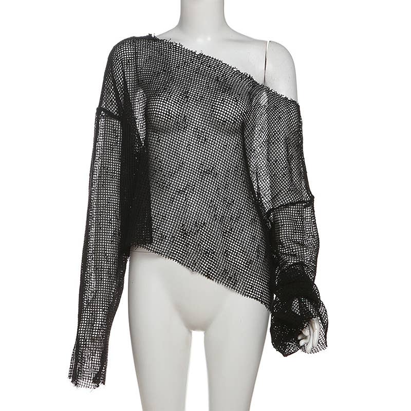 Sheer One Shoulder Mesh Long Sleeve Top