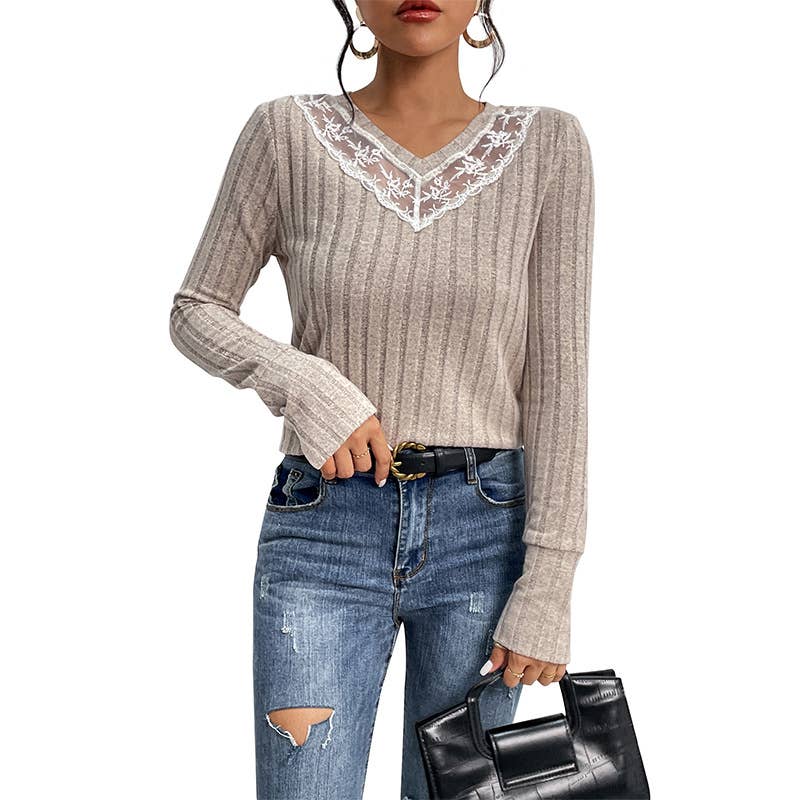 Lace patchwork V-neck striped T-shirt