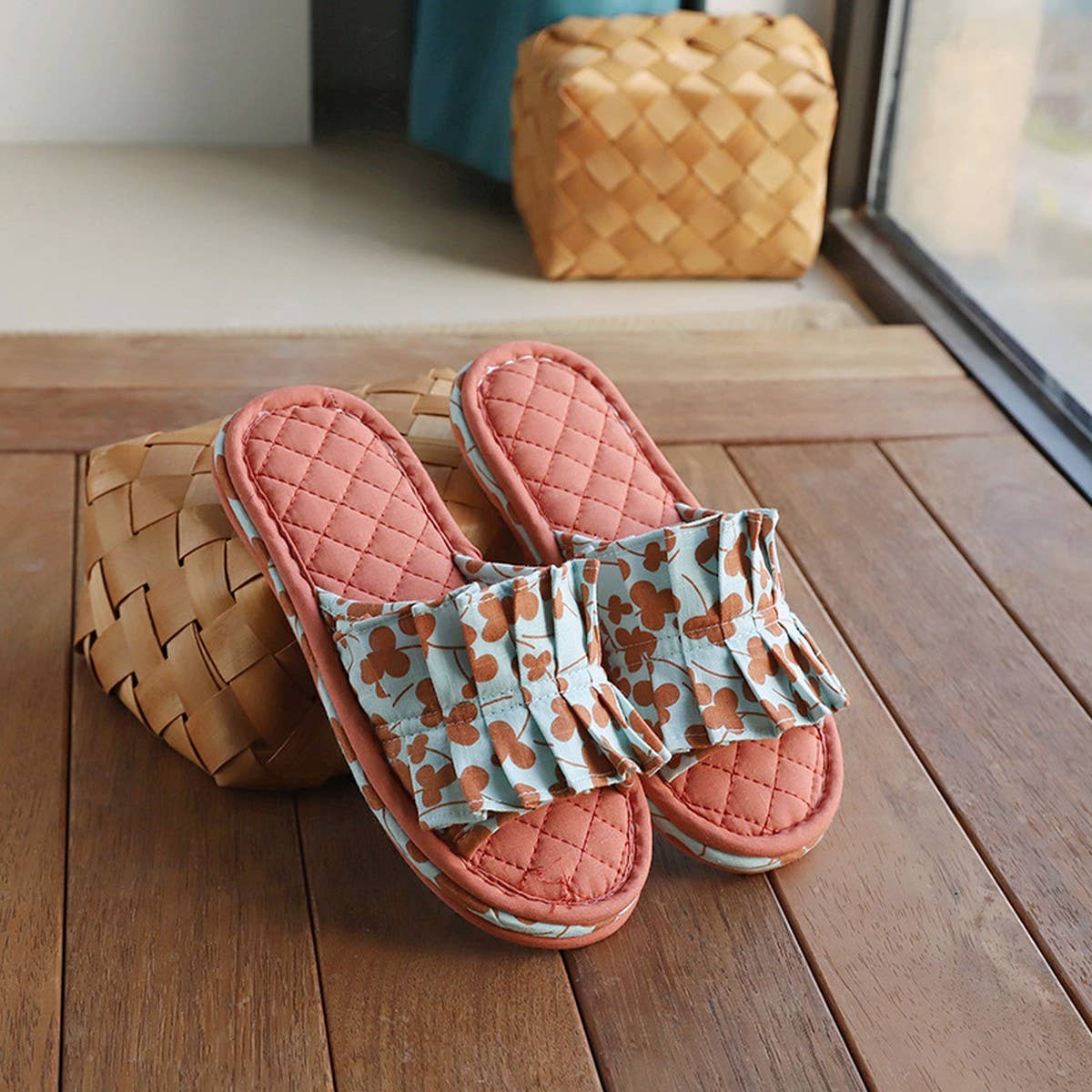 Floral Cotton Floor Slippers with Thick Sole