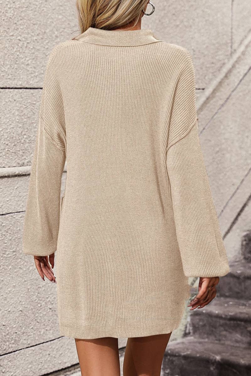 CWDSD6487_LAPEL BUTTON-DOWN LONG-SLEEVED SWEATER DRESS