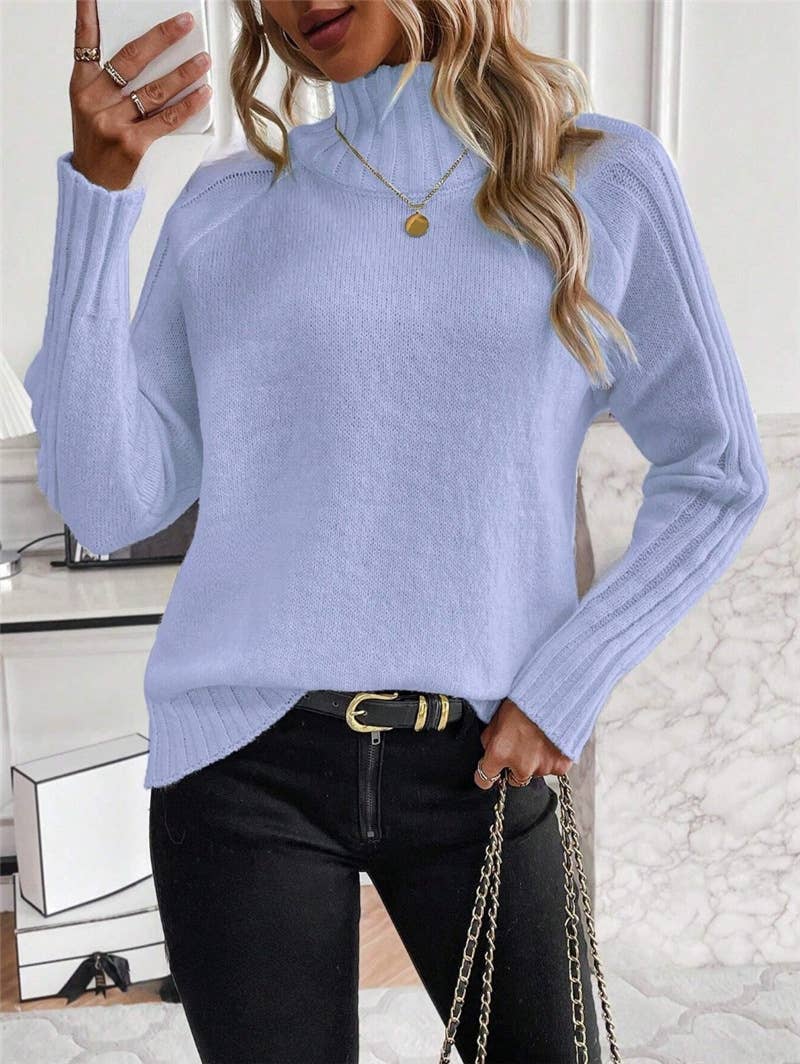 Solid-colored high-neck long-sleeved sweater