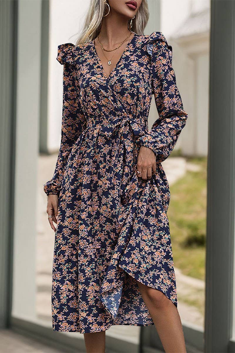 CWDMD4731_AUTUMN RUFFLE LONG SLEEVE PRINTED V-NECK DRESS