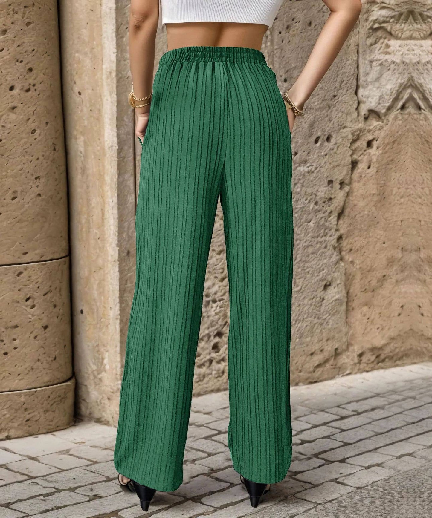 SOLID COLOR PLEATED STRAIGHT LEG CASUAL PANTS