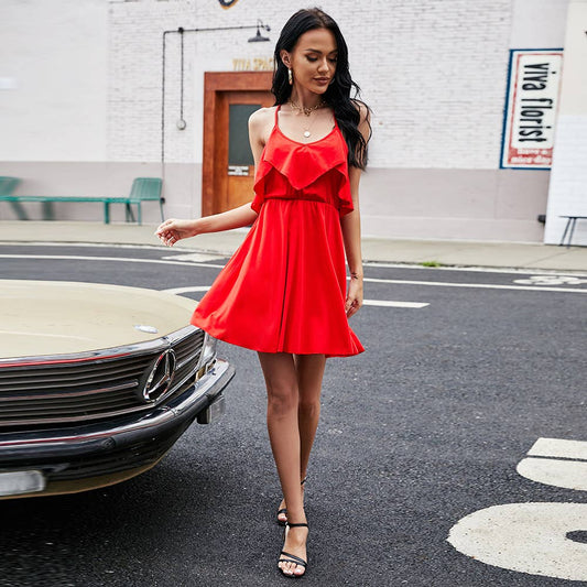 SOLID COLOR BACKLESS PLEATED SKIRT TRIM DRESS