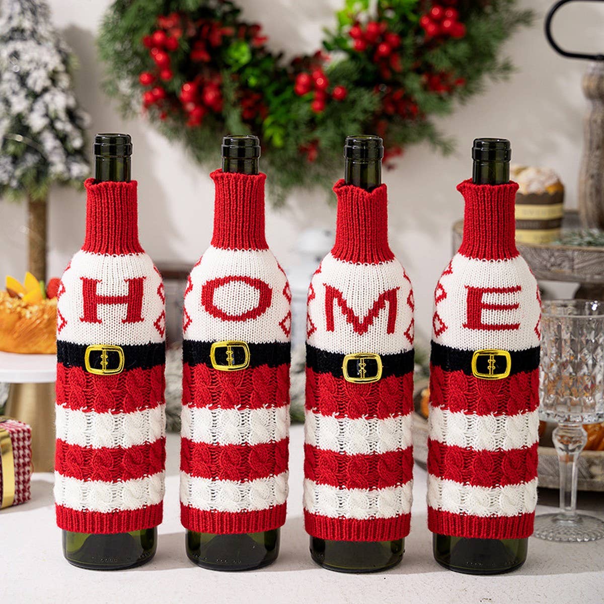 CWMM10337_KNITTED LETTER WINE BOTTLE COVER RED WHITE STRIPES
