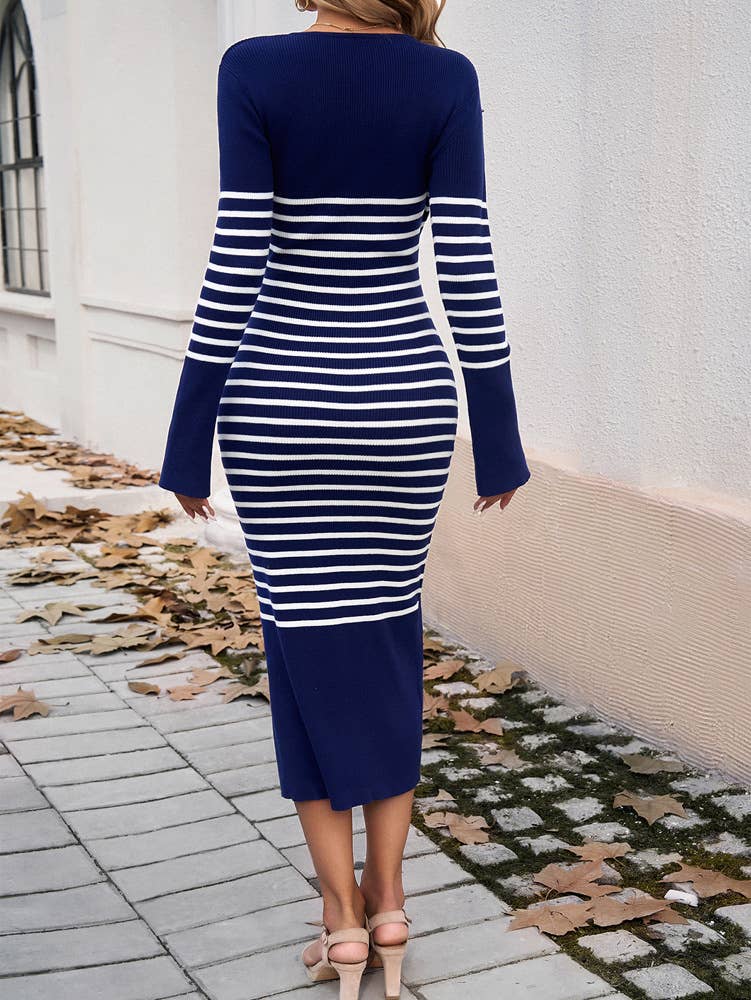 SLIM-FIT V-NECK STRIPED SWEATER DRESS