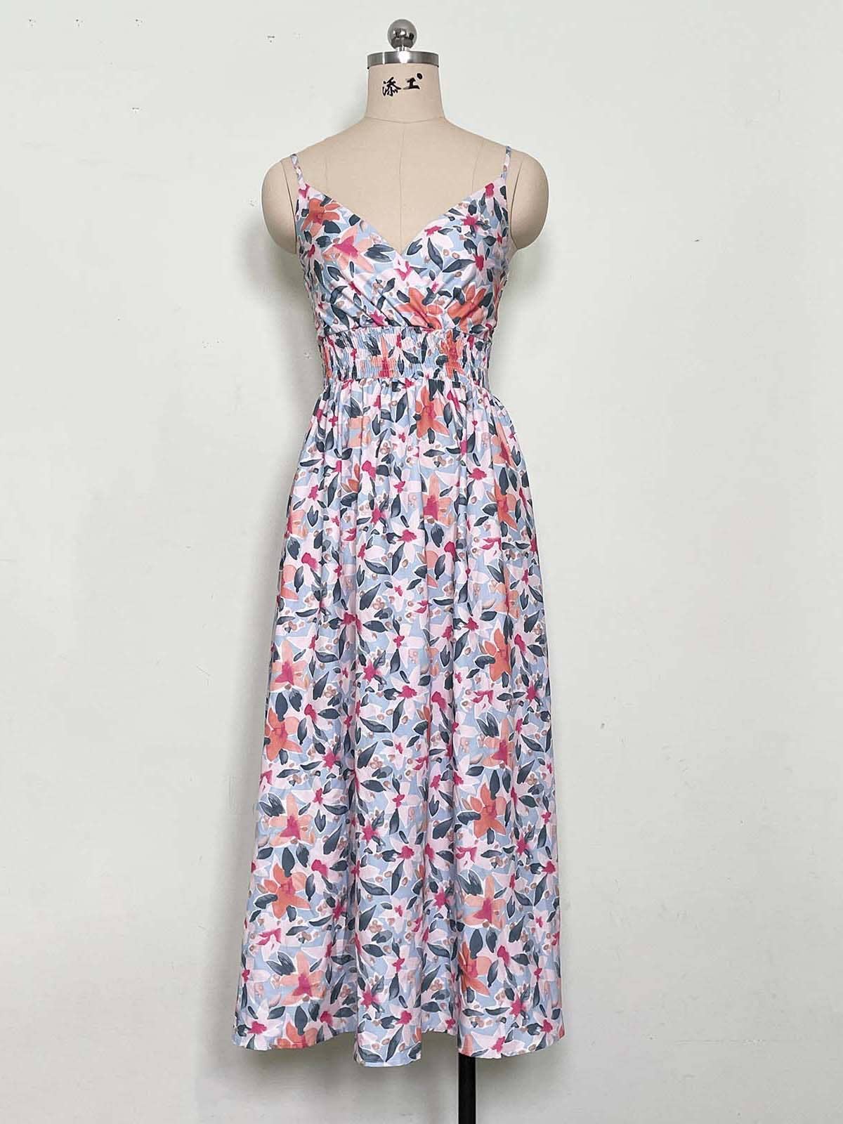 PRINTED HALTER V-NECK WAIST DRESS