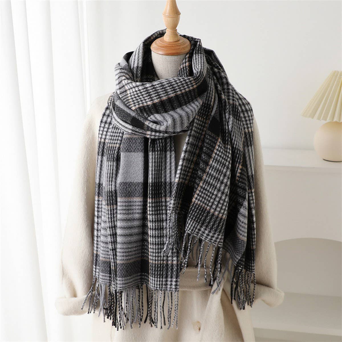 Plaid fringe scarf winter warm shawl_CWASC2778