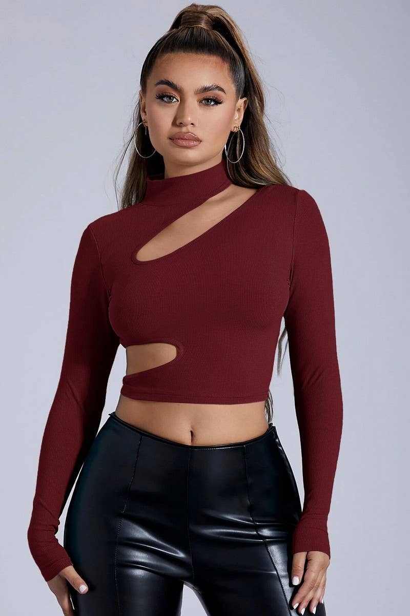 CWDSD6476_HALF TURTLENECK HOLLOW LONGSLEEVE SHORT TIGHT TOP