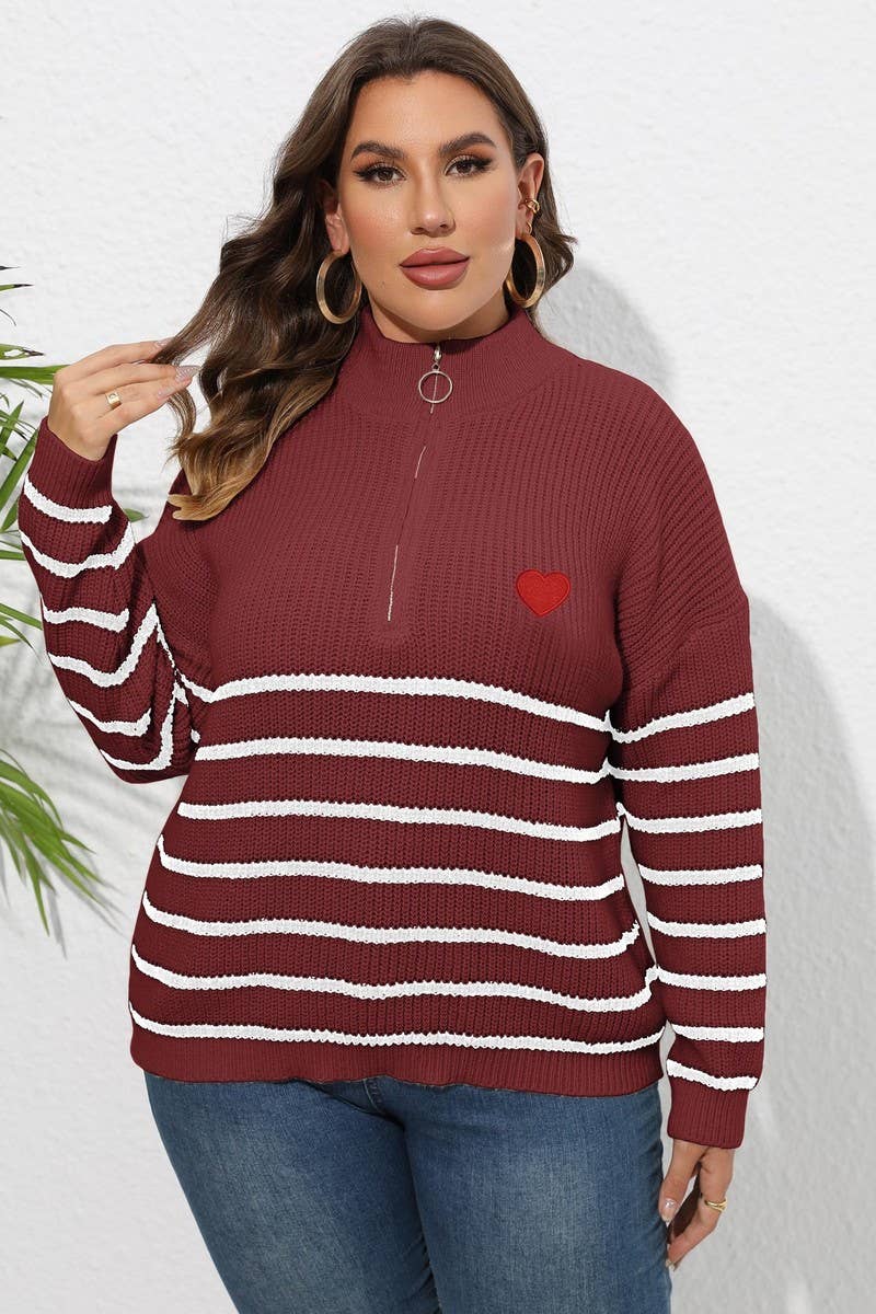 CWOSWL1593_PLUS Size Zip-Up Long Sleeve Pullover Sweater