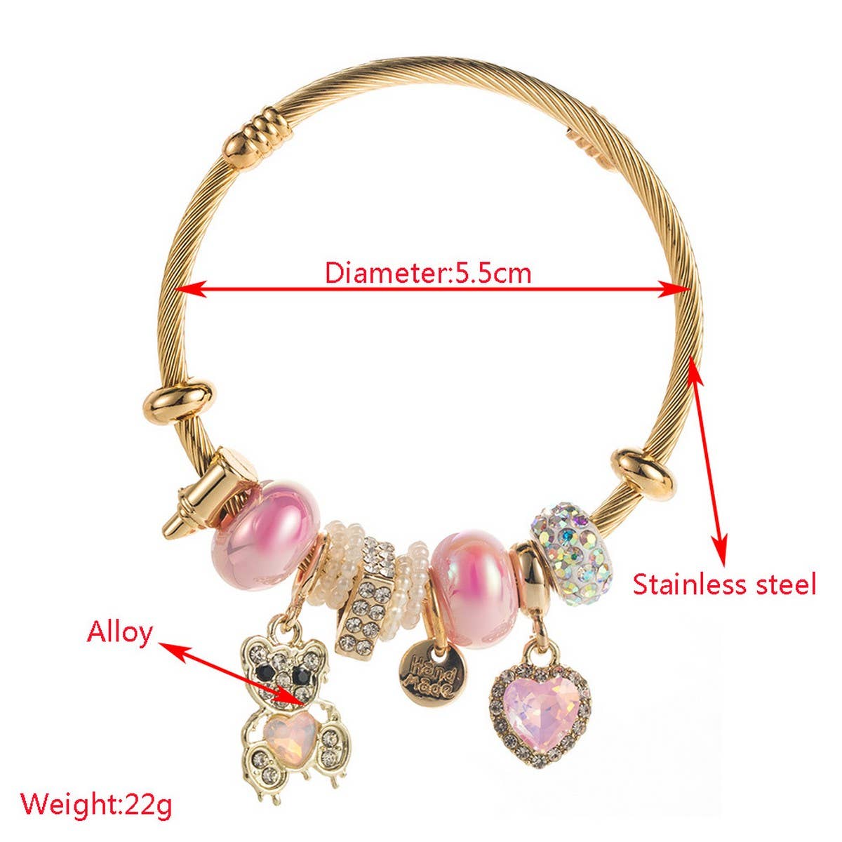 Trendy Stainless Steel Bracelet with Bear & Heart