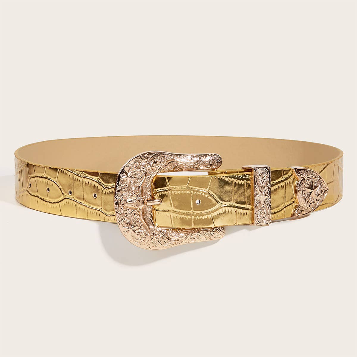 HORSESHOE BUCKLE GOLD LEATHER BELT_CWABE0448