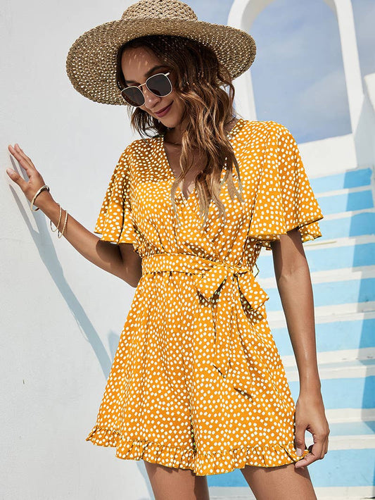 TEMPERAMENT DEEP V LACE-UP WAISTLINE ROMPER